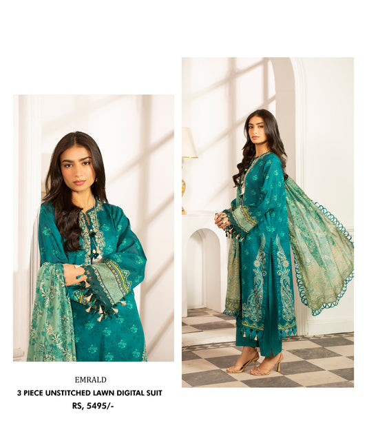 3Pc -  Unstitched Printed Lawn