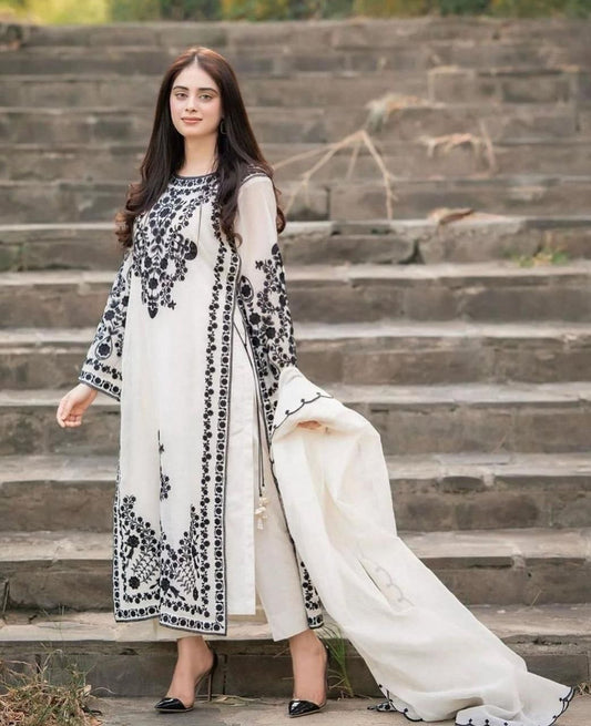 3Pc -  Unstitched EMB Lawn