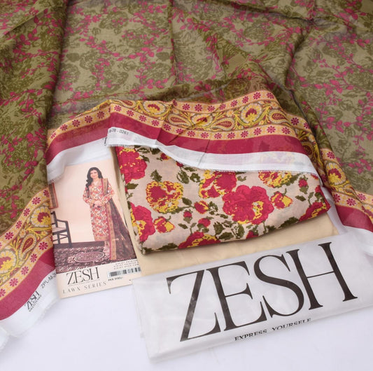 3Pc -  Unstitched Printed Lawn
