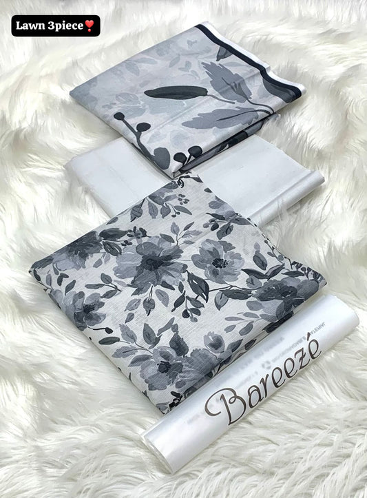 3Pc -  Unstitched Printed Lawn