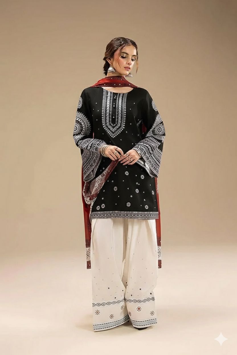 3Pc -  Unstitched EMB Lawn